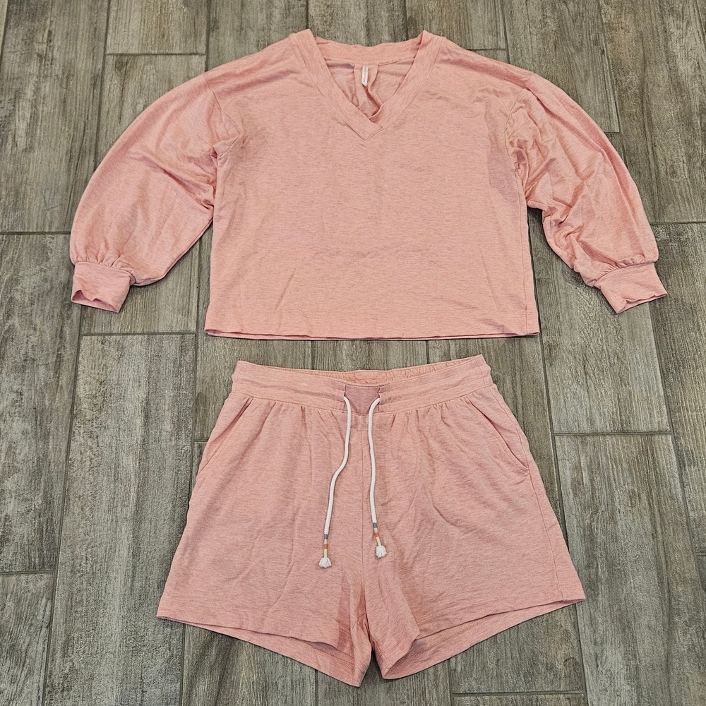 TravisMathew Cloud Terry V-Neck Pullover Shorts Set Size M L Pink Cozy Relaxed